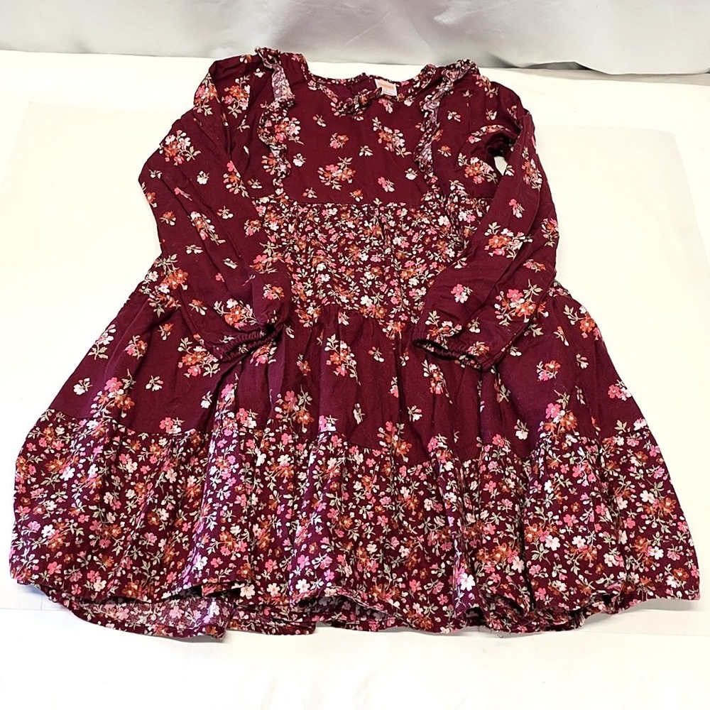 Gymboree Floral Tiered Dress Girls 7 Burgundy Long Sleeve Ruffle Cotton Fall
